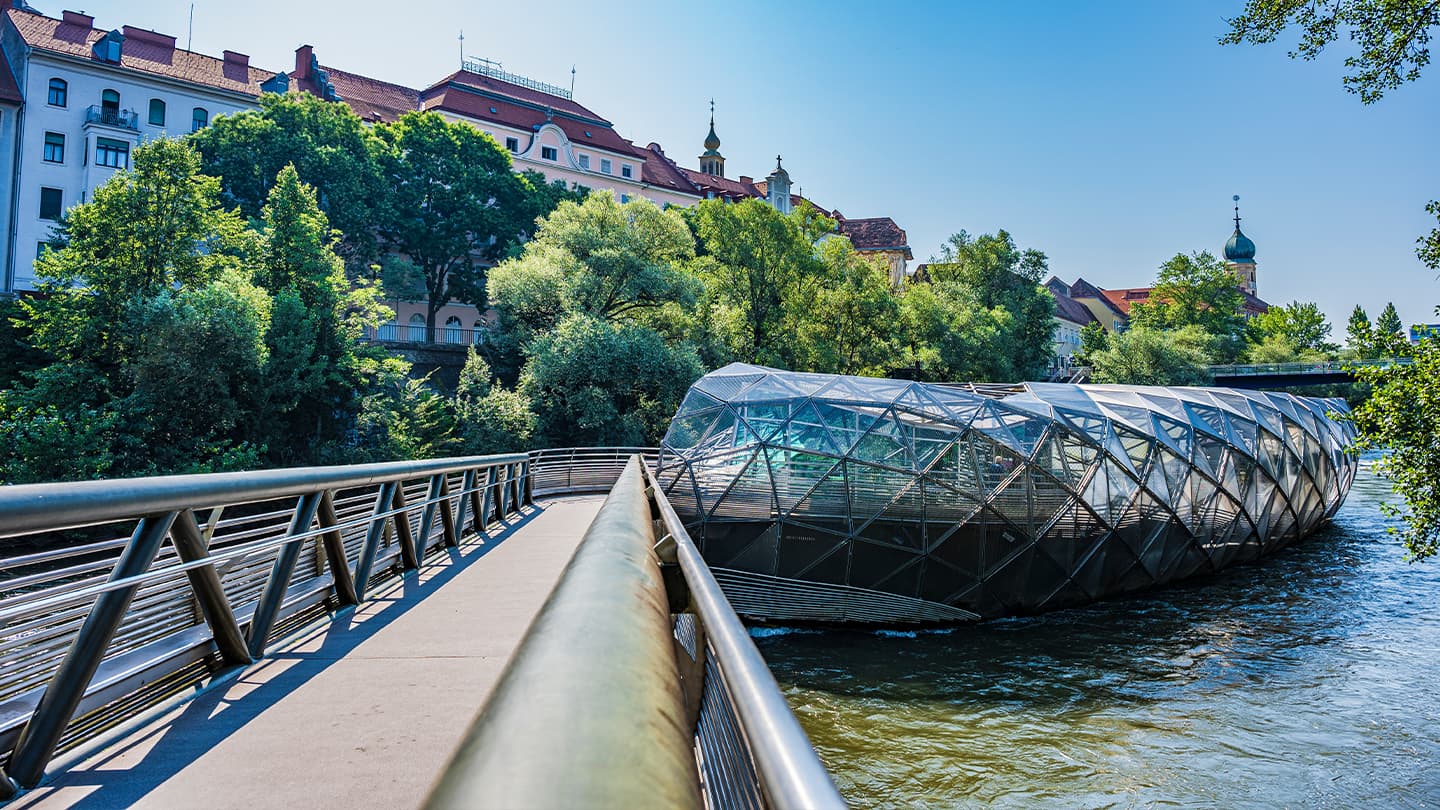Pedestrian Bridge Over River with Historic Architecture Modern pedestrian bridge with metal railings spanning a river, with historic European buildings and green trees in the background.
