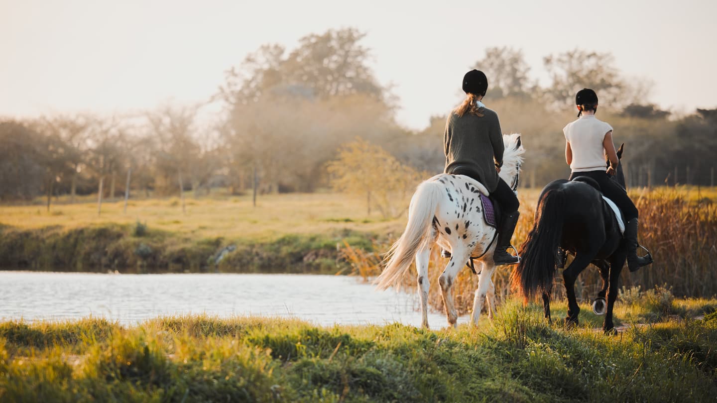Scenic Lakeside Horseback Trail Ride Two riders on horseback trekking along a scenic lakeside trail at golden hour