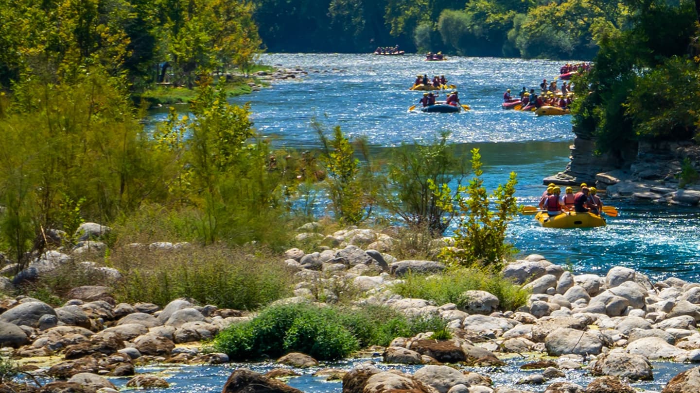 River Rafting on a Sunny Day Multiple rafting groups paddling down a clear blue river on a sunny day