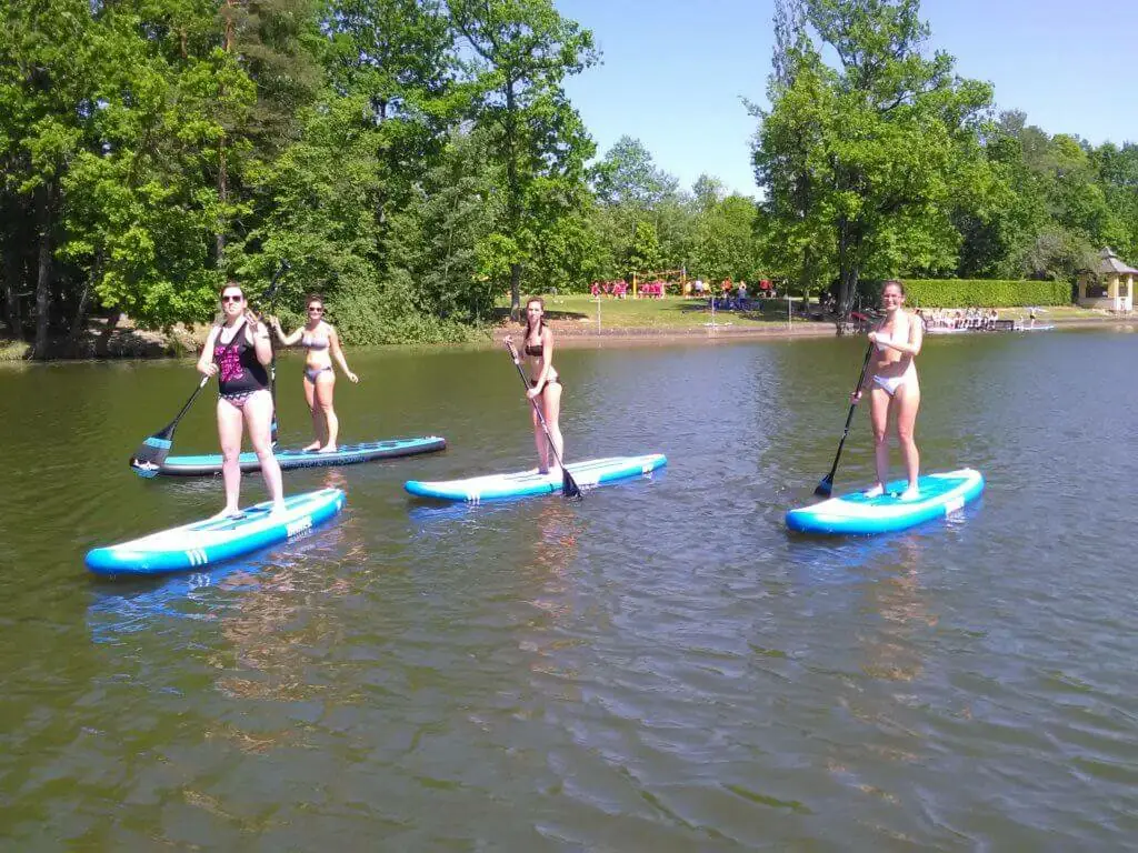 Group Paddleboarding on River Group of people paddleboarding on a calm river surrounded by green trees and a park area in the background.