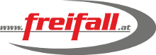 Freifall Logo Wortmarke Freifall-Logo mit roter Wortmarke und grauem Swoosh-Designelement.