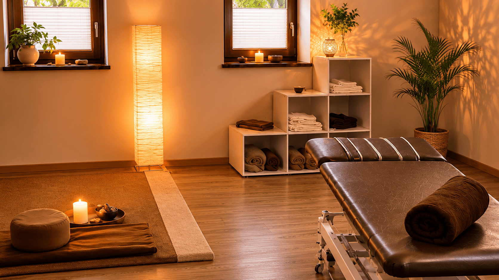 Spa treatment room with massage table Spa treatment room with massage table, warm ambient lighting, potted plants, shelves with rolled towels and candles