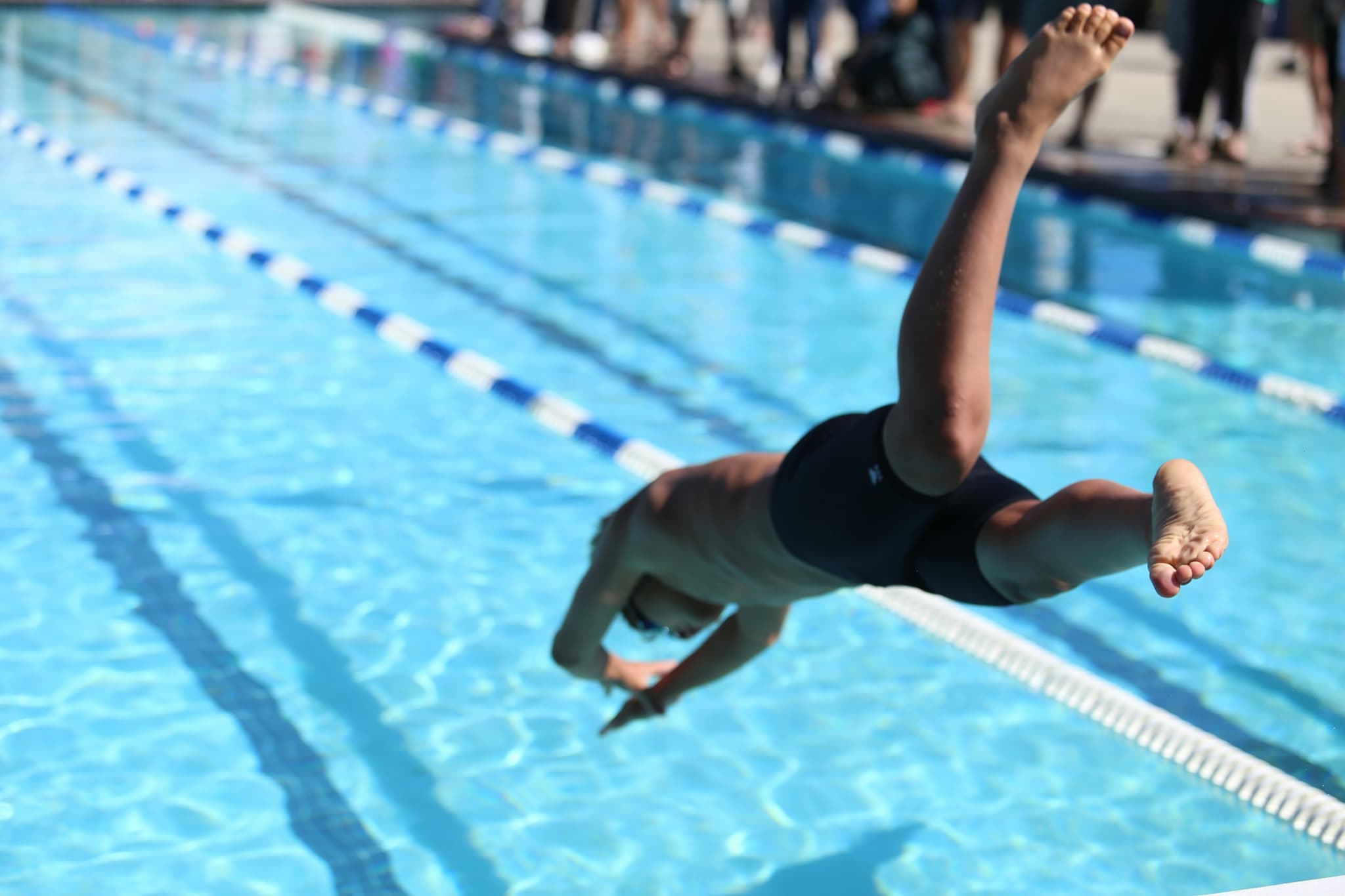 Swimmer Diving Into Competitive Pool Swimmer diving into a competitive pool with lane dividers and spectators in the background.