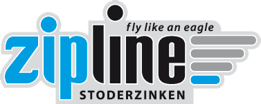 Zipline Stoderzinken Logo Zipline Stoderzinken Logo mit blauem und schwarzem Text und einer stilisierten Adlerflügel-Grafik.
