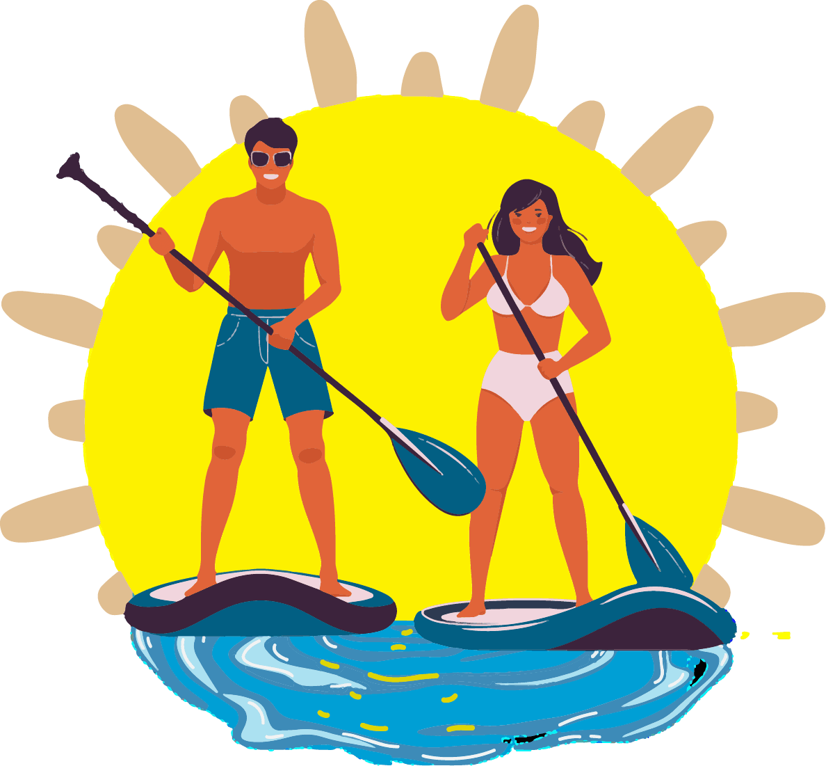 Paddleboarders on Water Illustration Illustration of two people paddleboarding on water under a bright sun.