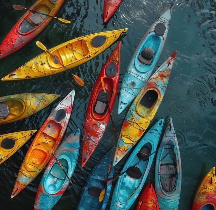 Colorful Kayaks in Water Overhead view of colorful kayaks in red, yellow, and blue lined up in calm water.