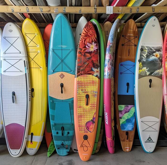 Colorful Paddleboards on Storage Rack Collection of colorful paddleboards stored vertically on a wooden rack, featuring various designs and colors including blue, yellow, white, and patterned boards.