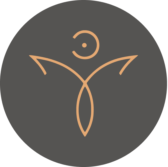 Circular Emblem with Line Art Figure Dark circular emblem with an orange line art figure raising both arms