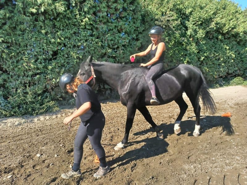 Horse Riding Lesson in Outdoor Arena Instructor guiding a rider on a black horse in an outdoor training arena.