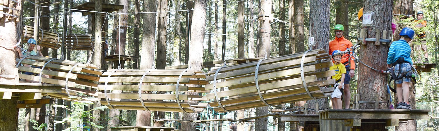 Forest High Ropes Bridge Crossing Children and adults with helmets crossing a wooden bridge on a forest high ropes course.