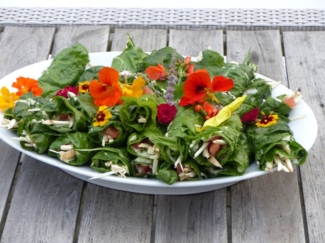 Salad Wraps With Edible Flowers Green salad wraps filled with vegetables and topped with colorful edible flowers on a white plate.