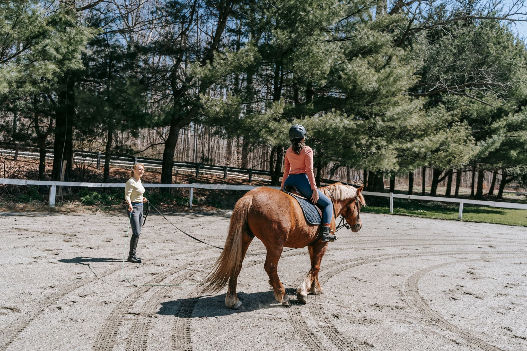 Horse Riding Lesson in Outdoor Arena Person riding a brown horse in an outdoor arena while an instructor holds the lead line, with white fencing and forested backdrop.