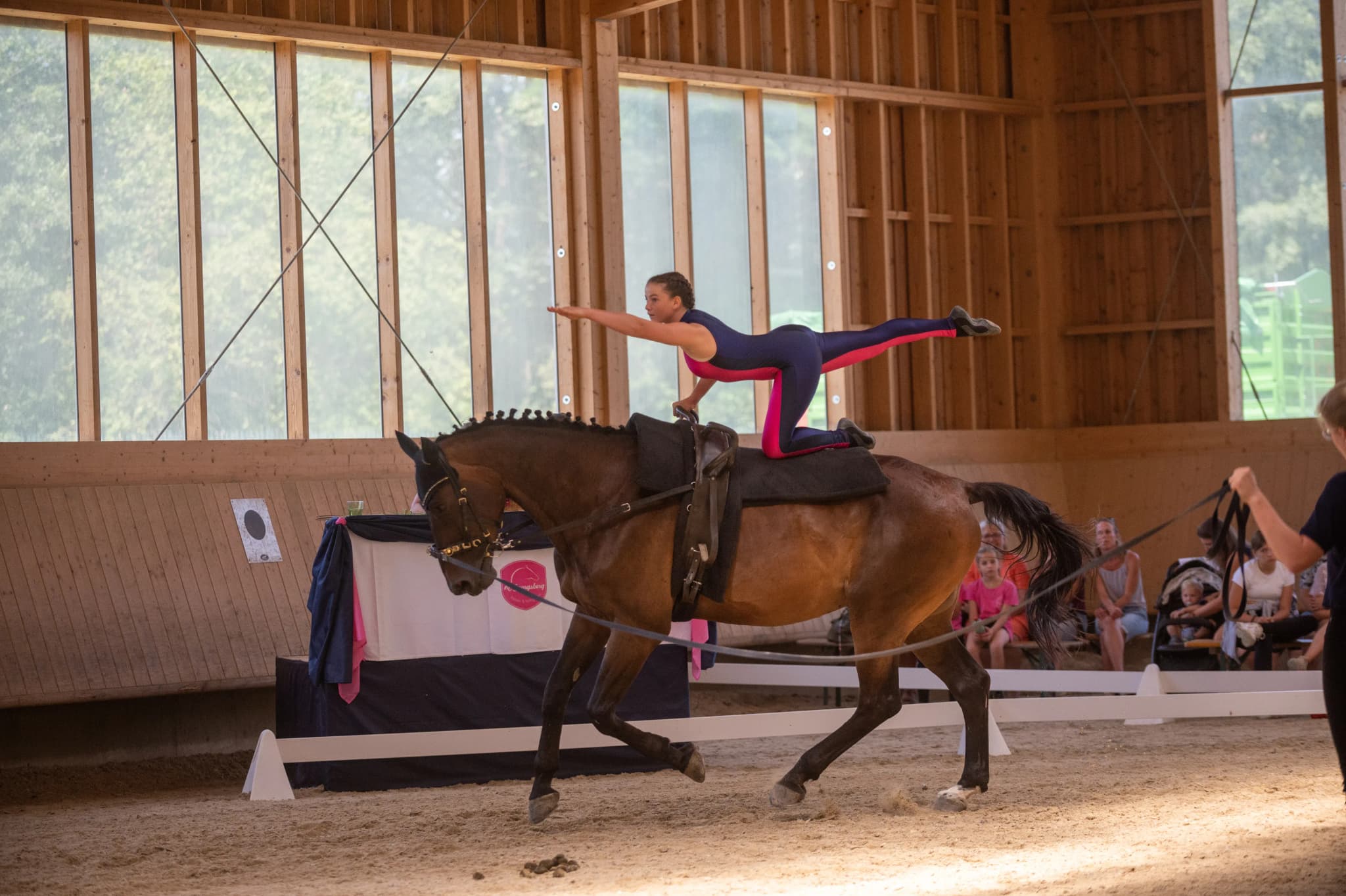 Vaulter Balancing on Horse Indoors Vaulter balances on a moving horse in an indoor riding arena.
