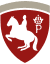 Red Shield Badge Emblem Red shield badge with a white animal silhouette and decorative crest design.