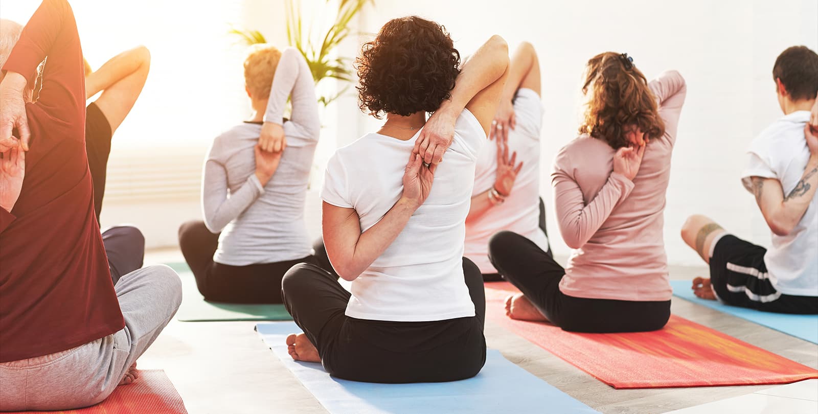 Group Stretching in Seated Yoga Pose People sitting on yoga mats stretching their arms behind their backs indoors.