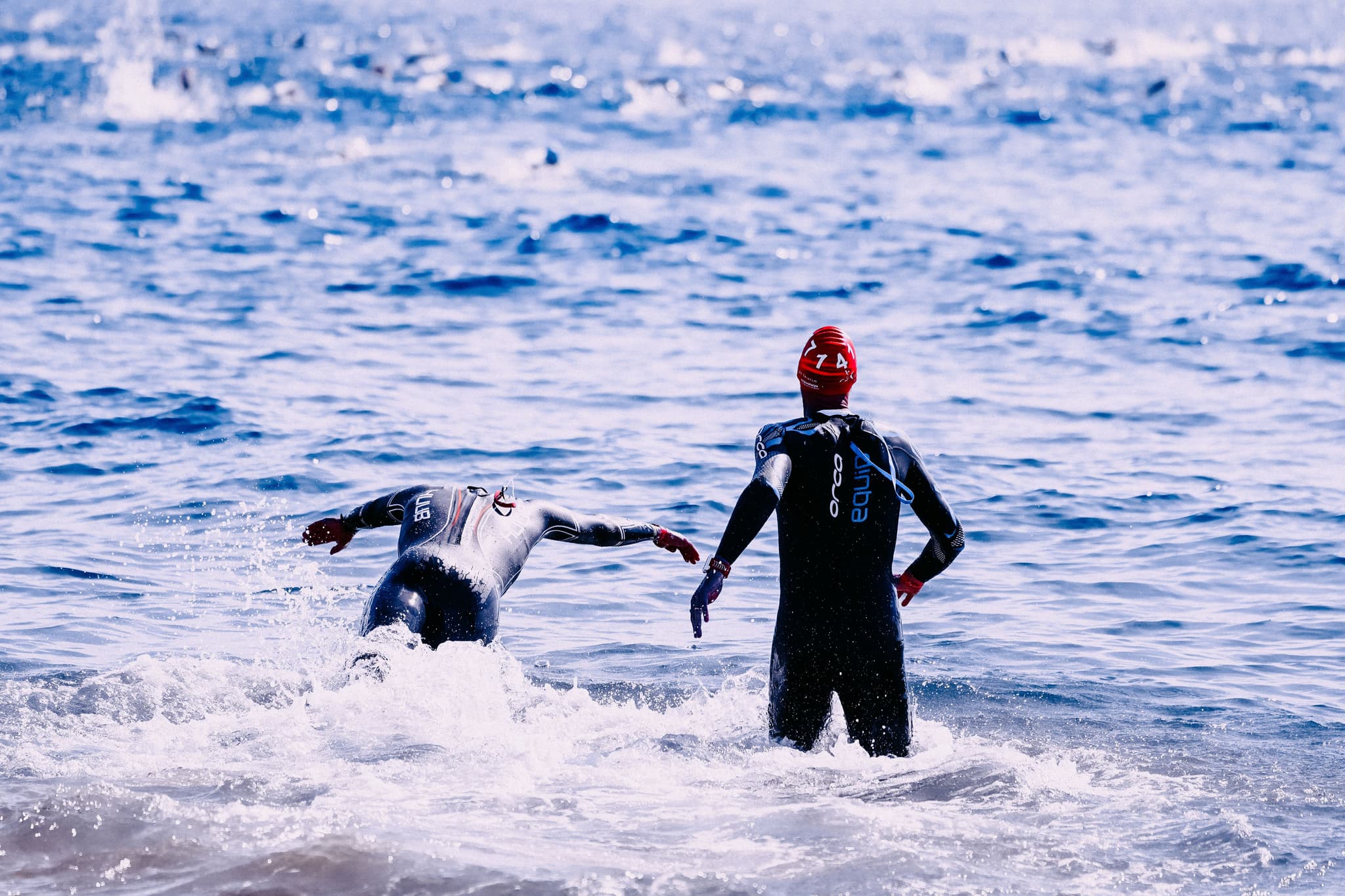 Open Water Swimmers Entering Ocean Waves Two open water swimmers in wetsuits entering the ocean during a competitive swim event.