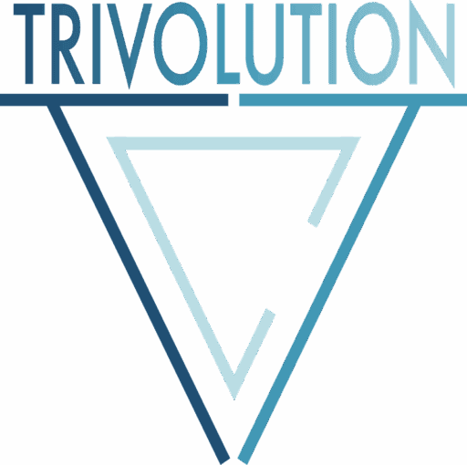 Trivolution Logo Badge Trivolution logo with wordmark and inverted triangle badge design in blue tones.