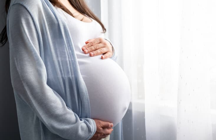 Pregnant Woman Holding Belly Pregnant woman cradling her belly with both hands near a bright window.